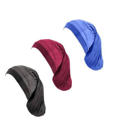 Silky Hair Bonnet for Dreadlocks 3Pack Braid Sleeping Cap Night Sleep Hat for Women Men (Black+Wine Red+Royal Blue)