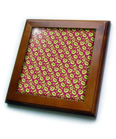 3dRose 8x8 Framed Tile - Two Kisses Collided Lip Smacking Lime Colored Lips Pattern Pattern - Lipstick Kisses