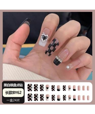 24Pcs/Set Press On Nails Long Diamond Chain Heart Black White Checkerboard Pattern False Nails Acrylic Fake Nails Full Cover Nails Tips Artificial Finger Manicure Press on nails for Women and Girls - Buy Online on GoSupps.com