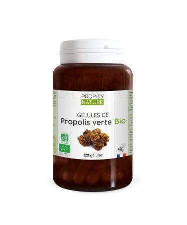 Green Propolis Organic Vegetable Capsules - 100mg/capsule - 120 capsules - No coloring or preservatives - Certified organic - Organic Farming - PROPOS'NATURE
