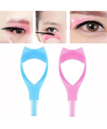 Pack of 2 Eyelash Comb Applicator 3in1 Mascara Shield Guard Eyelash Brush Curler Guide Applicator Makeup Upper Lower Eye Lash Comb Applicator Guide Tool (Blue+Pink)