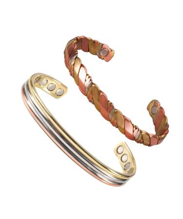 2PCS Adjustable Magnetic Copper Bangle Bracelets Tri Tone Design Women's Day Gift Birthday Gift - Buy Online on GoSupps.com