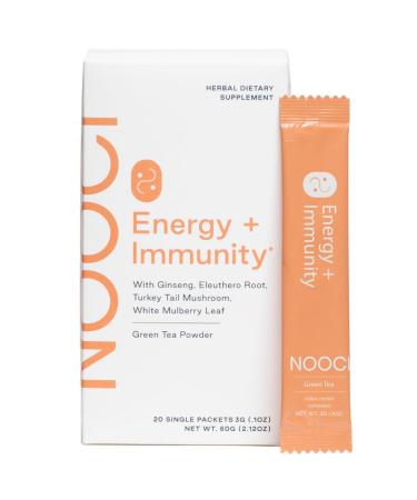 NOOCI Energy + Immunity | Clean Energy Powder with 2 500mg Antioxidant + Adaptogen Extract Blend (Ginseng Turkey Tail & More) | Vegan No Sugar Non-GMO | 20 Sachets Green Tea Flavor