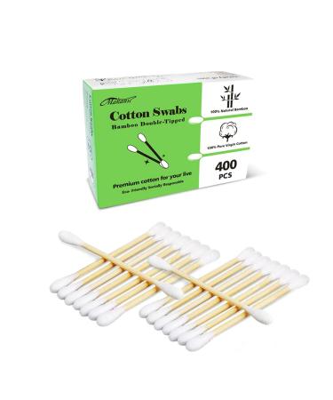 Organic Cotton Swabs with Wooden Sticks 400 Pcs of Pack, qtips Cotton Swabs Pure Natural Bamboo Biodegradable, Double Round Tipped, q tips for ears, Makeup and Daily Use 400Pcs White-400Pcs