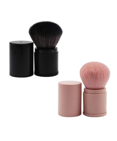 Retractable Kabuki Foundation Brush Travel Face Blush Brush for Mineral Powder, Contouring, Cream (Black + Pink 2Pcs)