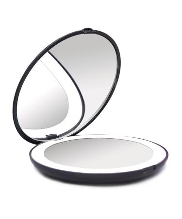 WOBANE LED Travel Makeup Mirror 3.5 inch Lighted Compact Mirror 10X Magnification Handheld Double Sided Portable Folding Mirror For Pocket Purse Gift Black Round Black-90mm Battery