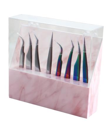 Dust-proof Eyelash Tweezers Holder with Cover  Acrylic MarbleTweezer Organizer for Lash Cart (Pink)