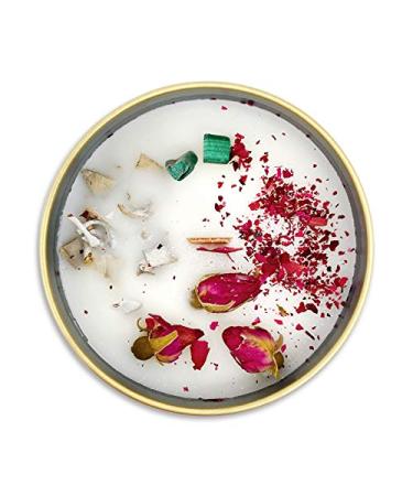 Fifi Peony's Gemstone Candles - Scented with Juicy Pears and Calming Vanilla. Infused with Malachite & Handplaced White SAGE in Soy Wax Poured into a Gold Tin. Wooden Wick. 8oz