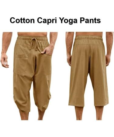 Gafeng Men's Yellow Yoga Capri Pants | Elastic Waist Drawstring | Cotton Linen | Boho Harem 3/4 Pants with Pockets - Large L - Buy Online on GoSupps.com