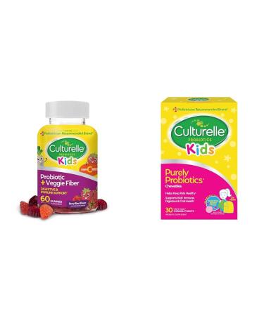 Culturelle Daily Probiotic for Kids + Veggie Fiber Gummies (Ages 3+) - 60 Count & Kids Chewable Daily Probiotic for Kids Ages 3+ 30 Count