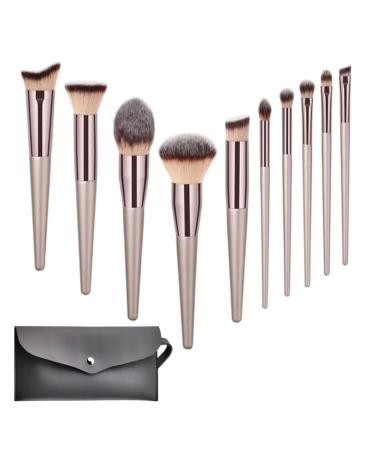 Makeup Brush Set with Blush Contour Foundation Flat Angled Blending Definer & Concealer Make up Brushes - Synthetic Bristles Champagne Gold Pouch Included - Professional & Vegan-Friendly