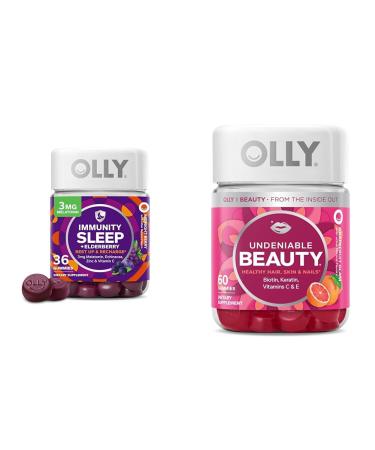 OLLY Sleep Immunity Melatonin Gummy Vitamin C Zinc Echinacea Berry 36 Count and Undeniable Beauty Gummy Hair Skin Nails Biotin Vitamin C Keratin Grapefruit 60 Count