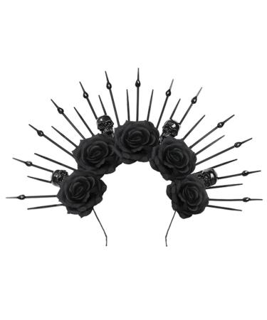 TQUXNGA Spiked Headbands Women Bride Flower Crown For Halloween Party Supply Floral Garlands Crown Hair Skull Floral Headbands Black