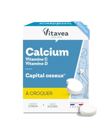 Vitavea - Calcium Croquer - avec Vitamine C et Vitamine D - Compl ment Alimentaire Capital Osseux et M tabolisme nerg tique - Saveur Citron - Sans sucres - 24 Comprim s - Cure de 24 jours 24 unit (Lot de 1)