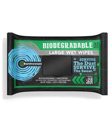 Surviveware Biodegradable Wet Wipes, Face and Body Wipes for Post Workout and Camping, Wipes for Adults, Large Wipes, 32 Count 32 Count (Pack of 1)