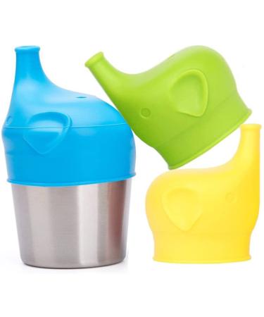 Scoolr Baby Sippy Cup Lids 3pcs Elephant Spill Proof Food-Grade Silicone Sippy Lids for Kids (Blue+Green+Yellow)