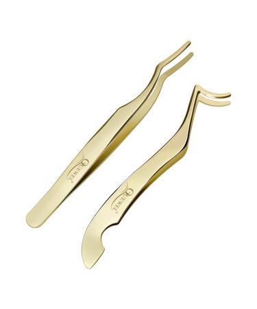 QUEWEL eyelash applianter tool 2 pieces of eyelash cluster tweezers for individual eyelashes curved diy eyelash appliances tweezers stainless steel cluster-cluster gluster applicator for eyelash busts application 2 PCs golden tweezers to do it yourself