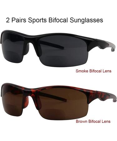 Hyyiyun 2 Pairs Bifocal Reader Sunglasses 2.0x UV Protection Wrap Around Sports Sun Reading Glasses for Men and Women in Black & Tortoise - Buy Online on GoSupps.com