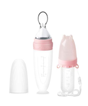 Termichy Baby Weaning Spoons Set Baby Bottle with Spoon Silicone Pacifier Fruit Feeder for Teething Baby Baby Food Dispensing Spoon for Infant Feeding 90ML+30ML (Pink) Pink&Pink