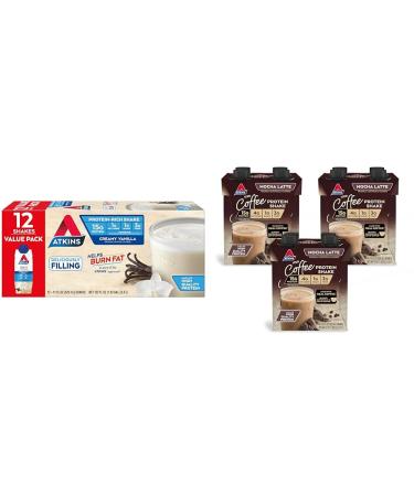 Atkins Creamy Vanilla Protein Shake 15g Protein Low Glycemic 2g Net Carb 1g Sugar Keto Friendly 12 Count & Mocha Latte Iced Coffee Protein Shake 15g Protein Low Glycemic 4g Net Carb 1g Sugar