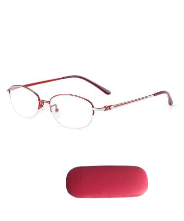 Half-Frame Alloy Reading Glasses for Women Blue Light Blocking Lightweight Comfortable Computer Reader 2.0x Red