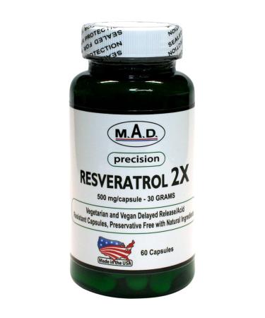 M.A.D.-Precision Resveratrol 2x 500mg Capsule- 60 Capsules Vegetarian and Vegan Delayed Release/Acid Resistant Capsules Preservative Free With Natural Ingredients