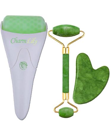 Jade & Ice Roller + Gua Sha Massager Tool Set for Face & Eyes by Charmlily, Puffiness, Reduce Wrinkle Aging, Migraine, Pain Relief on Neck & Body, Cold Facial Original Natural Stone - 3 in 1