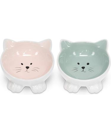 Navaris 2 x Ceramic Cat Bowls - Twin Pack of Cat Feeding Dishes with Anti Slip Silicone Feet - Rose and Green Cat Shaped Food and Water Bowls for Cats - Buy Online on GoSupps.com