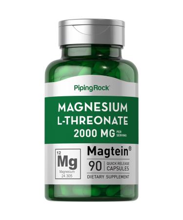 Magnesium L-Threonate 2000mg | 90 Capsules | with Magtein | Non-GMO Gluten Free Supplement | by Piping Rock