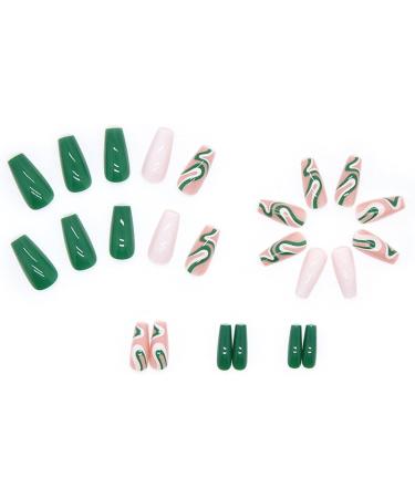 Justotry 24 Pcs Long Emerald Green Swirl Press On Nails | Coffin Patterns Nude Ballerina Stick on Nails | Acrylic False Nails with Glue for Women - Buy Online on GoSupps.com