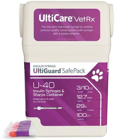 UltiCare VetRx U-40 UltiGuard Safe Pack Pet Insulin Syringes 310cc 29G x 12 100ct (Wo 12 Unit Markings)