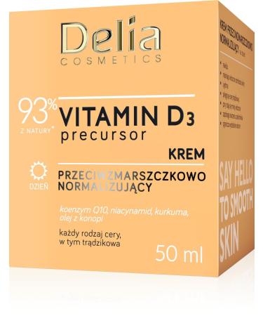 Delia Cosmetics Vitamin D3 Precursor - Anti-Wrinkle Normalising Day Cream All Skin Types - Acne Skin - Hydrating Firming Reducing Sebum Co-Enzyme Q10 Niacinamide Tumeric Hemp Oil 50ml