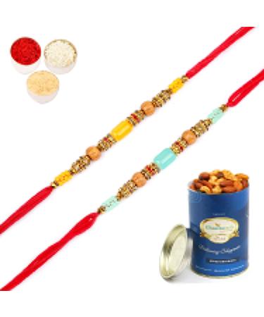 Ghasitaram Gifts Rakhi for Brother Rakhis Online - Set of 2-6512 Rakhis with 100 GMS of Dryfruits Mix Can Rakhi Set with 100 gms of Dryfruits Mix Can