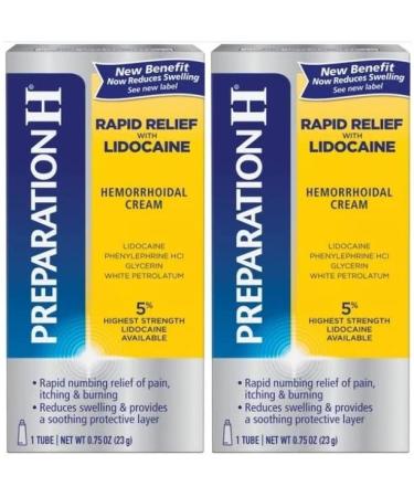 Preparation H Rapid Relief Hemorrhoid Cream with Lidocaine, Numbing Relief for Swelling, Pain, Burning and Itching - 0.75 Oz Tube Pack of 2  1.5 Oz