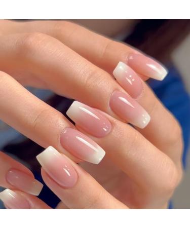 24PCS Short False Nails with Glue Stickers Coffin Full Cover Acrylic Nails Press on Nails no Glue Pink White Gradient French Fake Nails Stick on Nails for Women and Girls Nail Art.