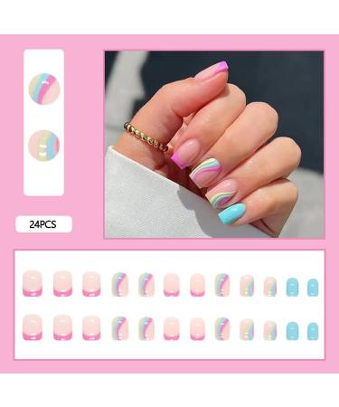 24Pcs Rainbow Swirl Short Square Press on Nails with Nail Glue - Glossy False Acrylic Nails for Women and Girls - Buy Online on GoSupps.com