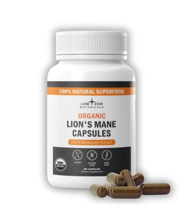 Organic Lion s Mane Mushroom Extract Capsules 100% Pure Mushroom Extract Natural Brain & Focus Support Vegan Superfood Supplement Non-GMO Gluten-Free No Additives 60 Capsules per Bottle
