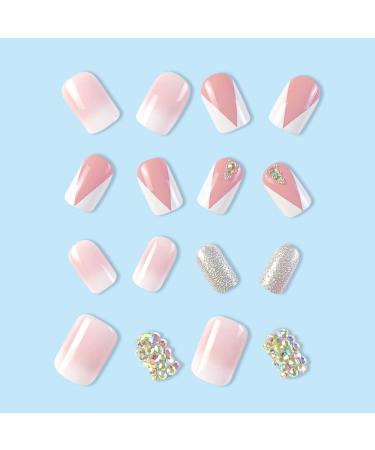 French Tip Press on Nails - Short Square Press On Nails with Nail Tips Pink white gradient silver glitter Rhinestones false nails press on nails Acrylic False Nails Cute Artificial Nails - Buy Online on GoSupps.com