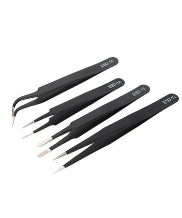 AKOAK 4 Pcs ESD Tweezers Set Anti-Static Tweezers Stainless Steel Tweezers for Eyelash Extension Electronics  Jewelry-making - Straight and Curved Tip Tweezers - Black