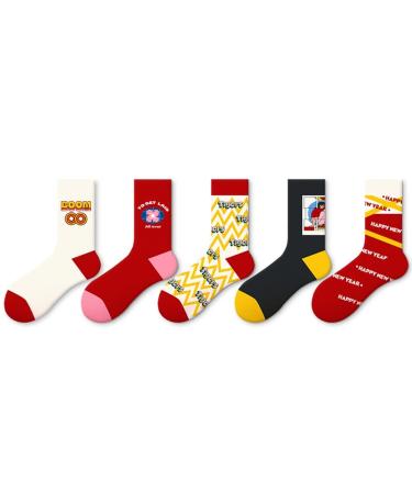 Chinese New Year Red Socks Fashion Embroidered Men Women Cotton Sports Socks Chinese Style Zodiac Socks with Gift Box (Color : RED-B Size : 35-42) 35-42 Red-b