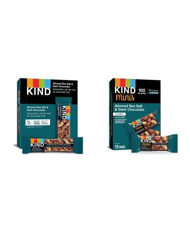 KIND Bars Dark Chocolate Nuts & Sea Salt Gluten Free Low Sugar 40 Grams 12 Count & Minis Almond Sea Salt & Dark Chocolate Gluten Free 100 Calories Low Sugar 20 grams 10 Count
