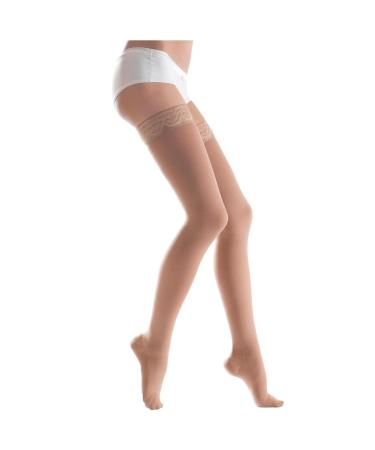 Lauma Medical 23-32 mmHg medical compression stockings class 2 with lace strips varicose veins frequent swelling in the legs pain in calves and feet beige L-size short
