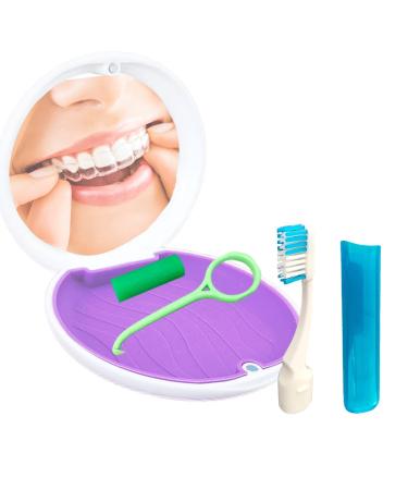 Alliph Slim Retainer Case with Mirror Brush Cute Retainer Holder Mouth Guard Case Magnetic Close Denture Case with Removal Tools 1 Chewies and Brush Dark Purple