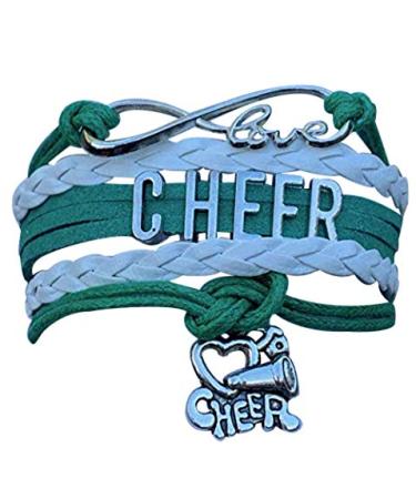 Cheer Bracelet- Cheerleading Charm Infinity Bracelet- Cheer Jewelry for Cheerleader, Cheer Team or Team Green/White