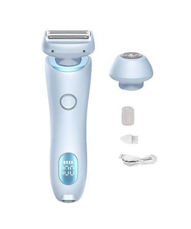 Electric Shaver Razors for Women 2-IN-1 Electric Razor for Womens Legs Underarm Face Pubic Hairs Wet Dry Use Rechargeable Bikini Trimmer Hair Removal with Detachable Head (Blue)