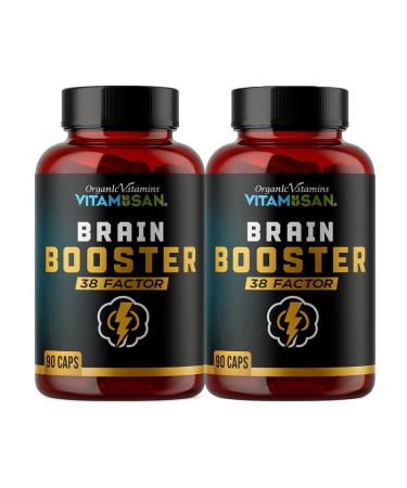 Brain Booster 38 Factor Nootropic Supplement | Herbal & Vitamin Blend for Focus Clarity & Cognitive Support | Adaptogen & Mushroom Complex with Vitamin B3 2 Pack (180 Capsules)