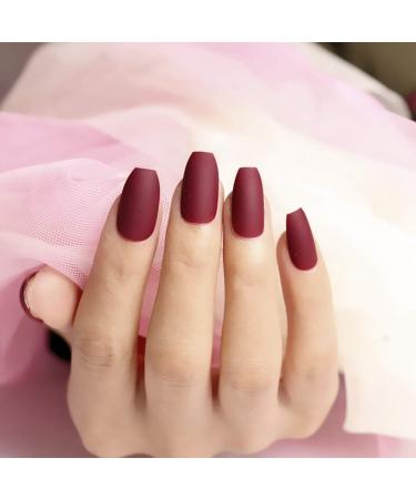 Beaupretty Wine Red Coffin Nails Full Cover Matte False Nails French Acrylic Press On Nails for Women 24pcs - Buy Online on GoSupps.com