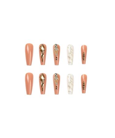 Justotry 24 Pieces Coffee Rhinestone French Ballerina Press On Nails - Marble Short Fake Nails for Women - Buy Online on GoSupps.com