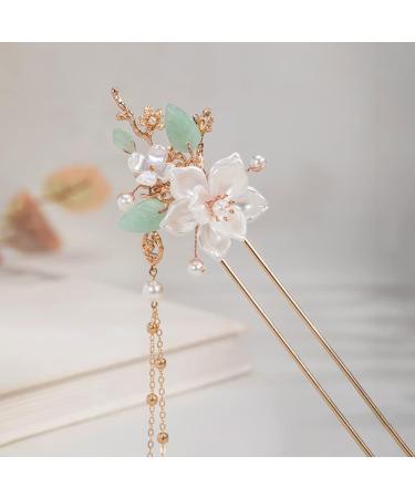 Camellia Flower Pearl Tassels Chinese Hanfu and Style Hair Retro Flower with Metal Handmade Hair Clip Hair Accessories for Women Girls Long Hair (Camellia)