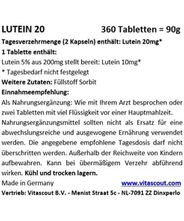 Buy Lutein 20 II - 360 Tablets (10mg Each) - 6 Months Supply - No Magnesium Stearate - Made in Germany by VITASCOUT - International Shipping Available - Buy Online on GoSupps.com